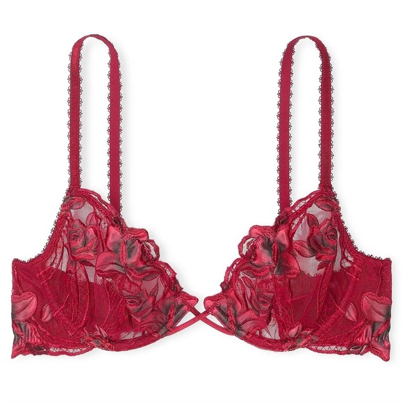Victoria’s Secret 38D Red Lacquer Red Rose Embroidery Unlined Low Cut Demi Bra - Picture 1 of 3